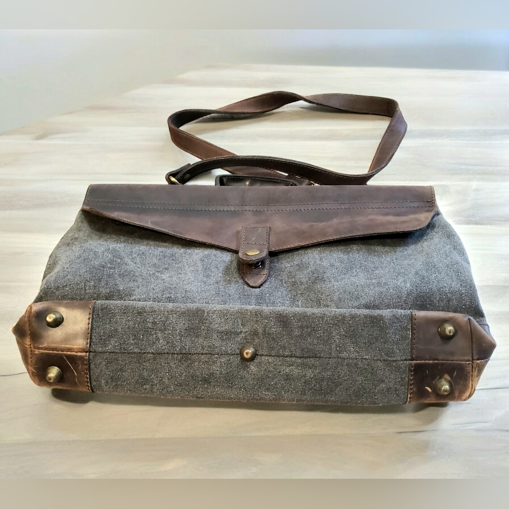 Cosset Calf Leather Canvas Messenger Bag Mens Womens Brown Grey Unisex Studded - Picture 3 of 16